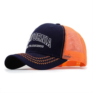 Navy blue and orange mesh trucker hat with California embroidery and wave stitched brim