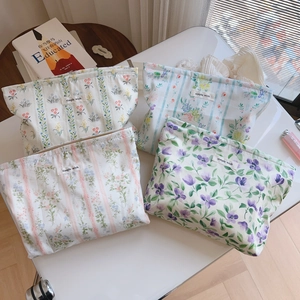 Floral Printed Cosmetic Bag Cotton Canvas Zipper Pouch Travel Makeup Organizer Large Capacity Sweet Style For Women