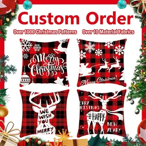 Set of four red plaid Christmas pillow covers with reindeer and snowflake patterns