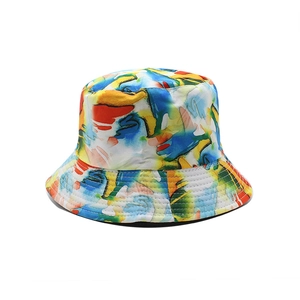 Detailed view of colorful abstract oil painting print on the cotton bucket hat fabric