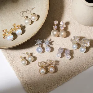 Artificial Pearl Earrings With Silver Earring Post Zircon Inlaid Alloy Enamel Vintage French Luxury Style Jewelry For Women