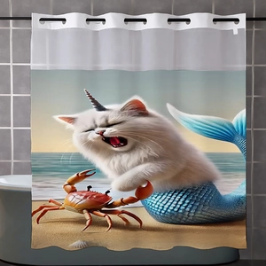 Detail of waffle weave shower curtain with unicorn cat mermaid print and metal eyelets