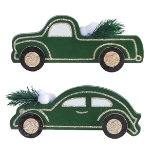Wooden Christmas dark green car ornament with golden glitter and snow effect detail