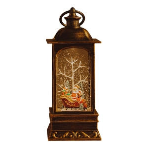 Vintage bronze Christmas lantern with Santa Claus and LED warm light on white background