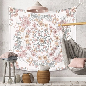 Bohemian floral mandala wall tapestry in soft pink and yellow for home decor