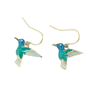 Detailed view of hummingbird earrings with blue and green gradient enamel in gold finish