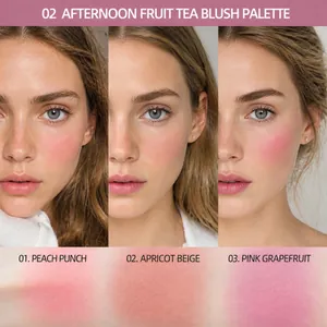 Three-color matte blush palette with pink, apricot, and plum shades for a natural look