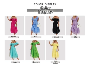 Color options display of tiered maxi beach dress with puff sleeves and textured fabric