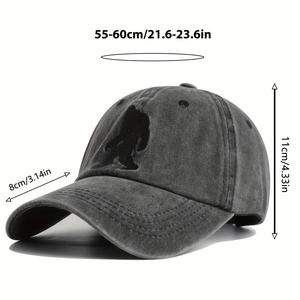 Classic washed cotton baseball cap with Bigfoot embroidery and size dimensions