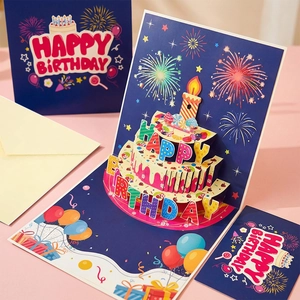 Pop-up birthday card with 3D multi-layer cake design fireworks and matching envelope