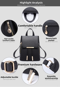 Detailed view of black Saffiano PU backpack showing golden hardware and anti-theft pockets