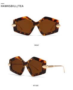 Front and 45-degree side views of tortoiseshell geometric sunglasses with bamboo metal temples