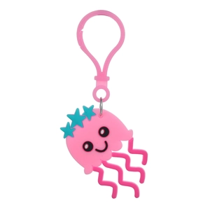 Detailed close-up of a pink PVC jellyfish keychain with blue star accents and pink clasp