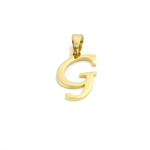 Detailed view of gold-plated letter G pendant with a polished finish on white background