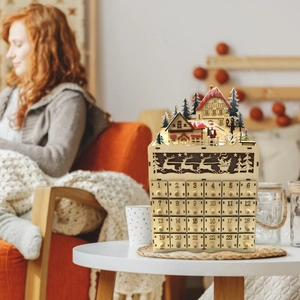Wooden Christmas Advent Calendar LED Light Up Daily Countdown Village Scene Desktop Decorative Ornament
