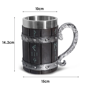 Detailed dimensions of viking mug showing 14.2cm height and 10cm top diameter