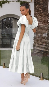 Detail of white puff sleeve midi dress with elastic bust and tiered skirt back view