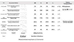 Detailed size chart for denim safari shirt and pants set showing XS to L dimensions