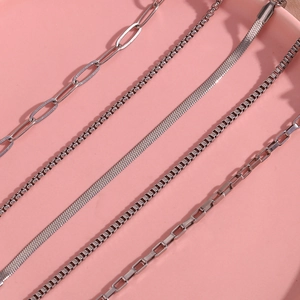 Detail view of five silver stainless steel chain styles including paperclip and snake link