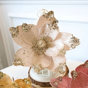 Velvet champagne flower with gold glitter edges on wooden base for Christmas tree decor