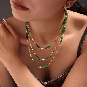 Collier Perles Acier Inoxydable Aventurine Verte Plaqué Or Forme Bambou Chaîne Clavicule Pour Femmes Style Chinois