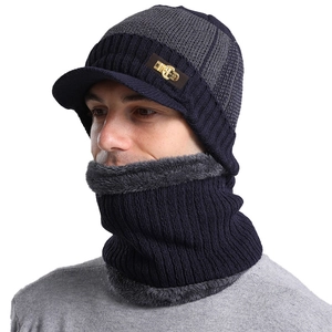 Men's winter knit hat and neck warmer set with fleece lining and ear protection