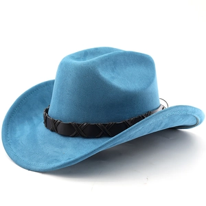 Chapeau de cowboy bleu classique en suédine avec ceinture en cuir tressé noir élégant