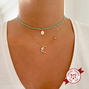 Layered gold S925 silver necklace with zircon moon pendant and blue beaded letter P charm