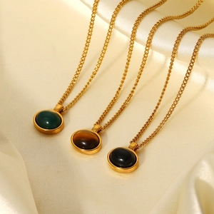 Retro 18K gold-plated stainless steel oval natural stone necklaces in three colors