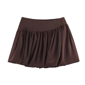 Fashionable brown high waist puff bubble mini skirt for women featuring pleated details