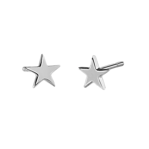 Detail showing high-polish silver pentagram star stud earrings with geometric metal finish