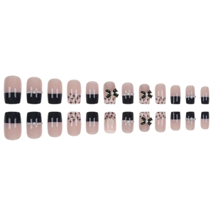 Short black French style press-on nails with 3D pearl bow and cross patterns 24pcs