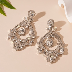 Luxury silver-tone flower teardrop drop earrings with sparkling rhinestones for women