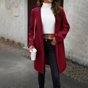 Women's elegant red wool blend mid-length coat for autumn and winter streetwear style