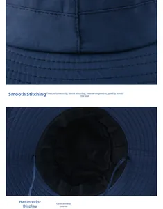 Detailed view of the precise stitching and interior lining of the navy sun hat