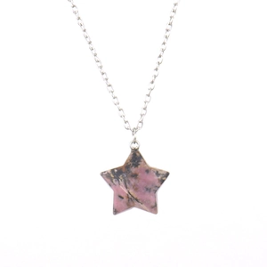 Natural pink agate star pendant necklace with silver chain on a clean white background