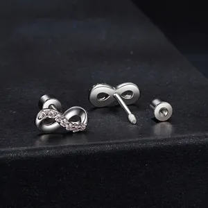 Infinity S925 sterling silver stud earrings with sparkling white zircons and screw backs