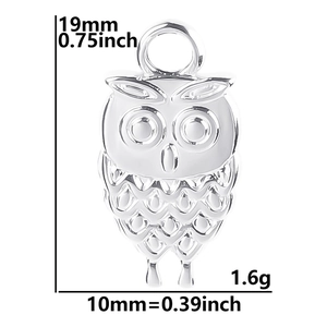 Silver owl pendant details showing size 19x10mm and weight 1.6g for jewelry making