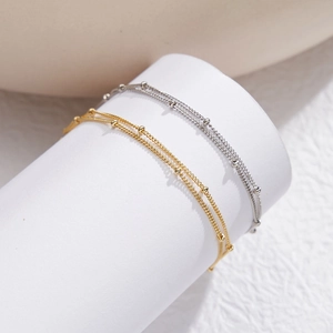 Minimalist S925 sterling silver double layer chain bracelet with gold and silver bead accents