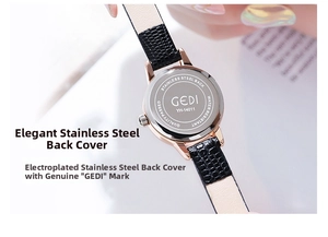 Close-up of GEDI waterproof watch with embossed leather strap and stainless steel back