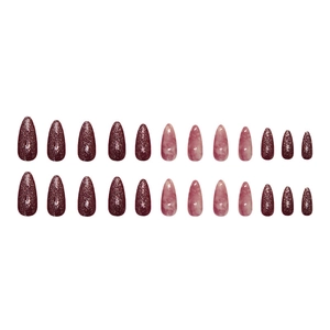 Almond-shaped press-on nails with dark purple glitter and pink marble pattern