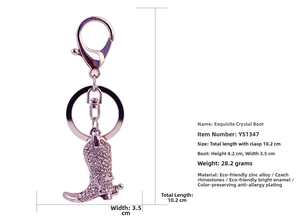 Detailed view of rhinestone cowboy boot keychain with precise dimensions and weight specs