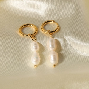 Vintage baroque freshwater pearl hoop earrings in gold plated stainless steel design