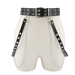 Harajuku punk black leather belt with double grommets and silver metal leg chain detail