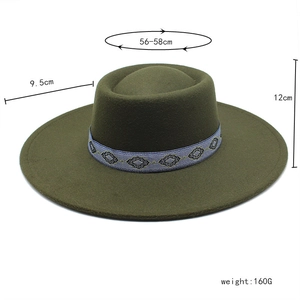 Dark green wide brim wool fedora hat with blue geometric embroidered band details