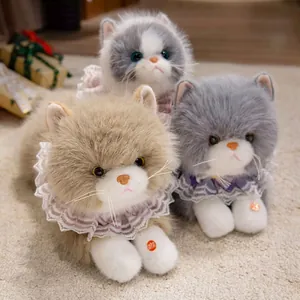 Peluches de chats réalistes à poils longs avec col en dentelle et fonction sonore interactive