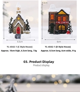 Close-up of resin Christmas village house miniatures with church and fire station detail