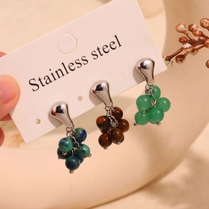 Three pairs of stainless steel earrings with tiger eye and colorful stone bead tassels