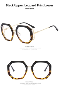 Makro-Detail der geometrischen sechseckigen Brille mit Leopardenmuster und Goldbügeln