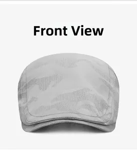Detailed front view of gray camouflage mesh beret showing breathable fabric texture
